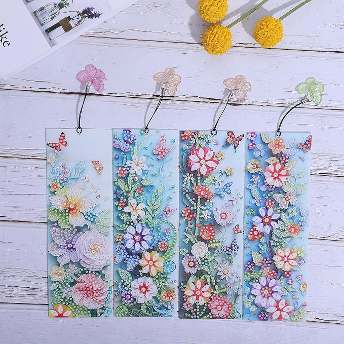4Pcs Bookmarks Diamond Book Mark Kit Diamond Art Accessories Paint by Dots Bookmarkers Craft DIY Gem with Rhinestone Tassel Paint by Diamonds for Women Graduation Birthday Reader