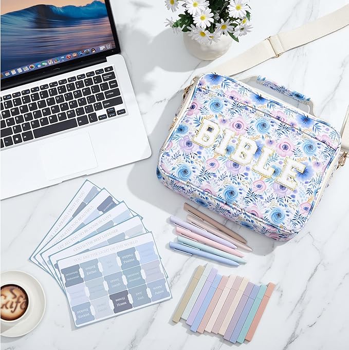 Sinload Large Bible Cover Case for Women, Bible Study Supplies Journaling Kit Chenille Letter PU Leather with Tabs Gel Pen Highlighters with Strap Easter Mothers Day Christian Gifts for Women Mom