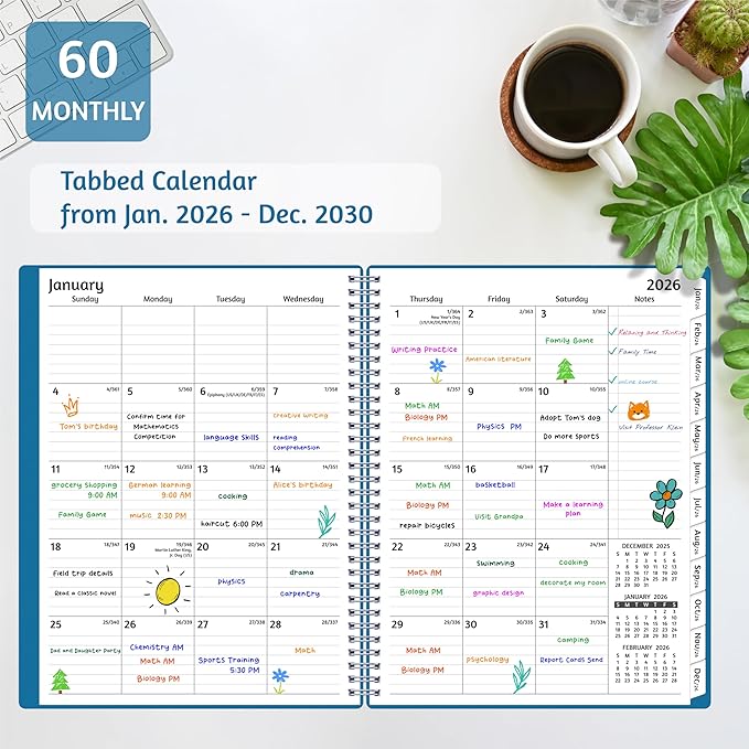 Monthly Planner 2026-2030, 5-Year Calendar Planner 2026-2030, Jan 2026 – Dec 2030, 8.5 x 11 In, Ruled Spread, Flexible Cover, Spiral Wirebound, Pocket, 60 Coated Monthly Tabs, Notes ＆ Habit Tracker, A4 Planner, Green