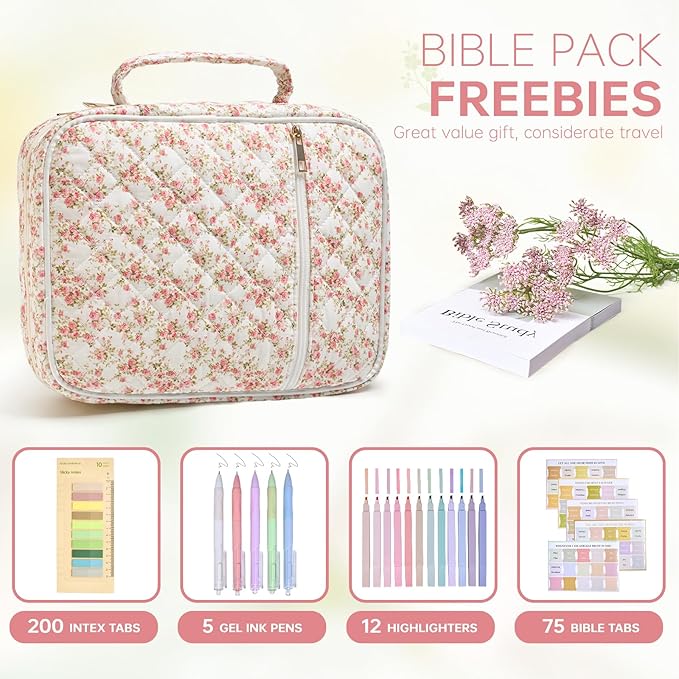 Bible Cover Case for Women Large Bible Cover with Durable Handle Quilted Bible Carrying Case for Girls Bible Study Supplies Accessories (Siamese Rose, Siamese Rose)