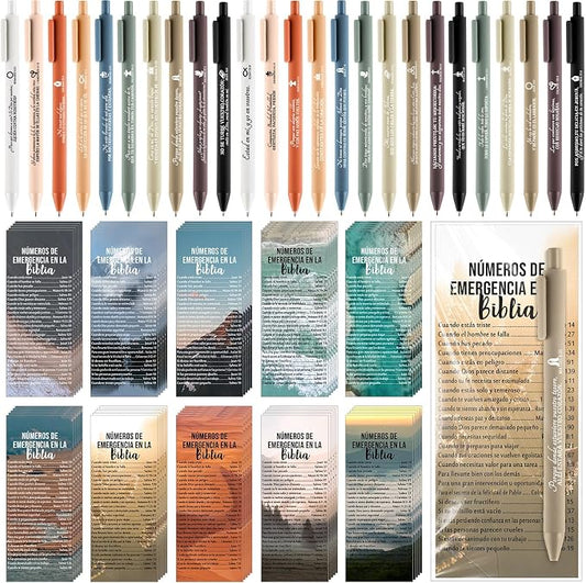 Feifeiya 50 Sets Christian Fathers Day Gifts Bulk Religious Pens Bible Verse Emergency Numbers Bookmark Scripture Catholic Gift for Women Men Church Welcome Sunday School(Neutral Color,Spanish)