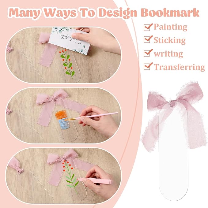 Yeaqee 100 Pcs Acrylic Bookmark Blanks Clear Bookmarks Acrylic Tags with 2 Rolls Ribbon DIY Craft Transparent Bookmark for Reading Lovers for School Presents(6 x 2 Inch,Dusty Pink)