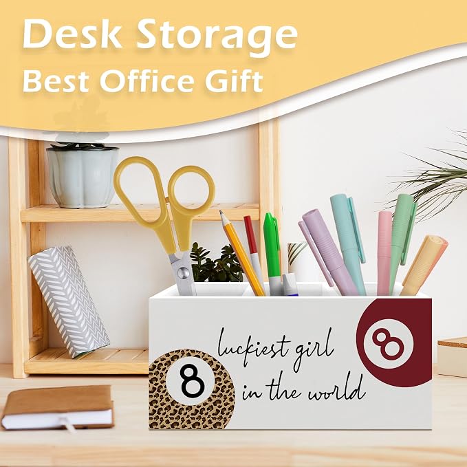Funky Lucky 8 Ball Pen Pencil Holder, Cheetah Print Gifts for Women, Leopard Desk Accessories, Trendy Red Leopard Print Ball Wooden Pen Pencil Organizer for Girly Bedroom Dorm Desk Decor