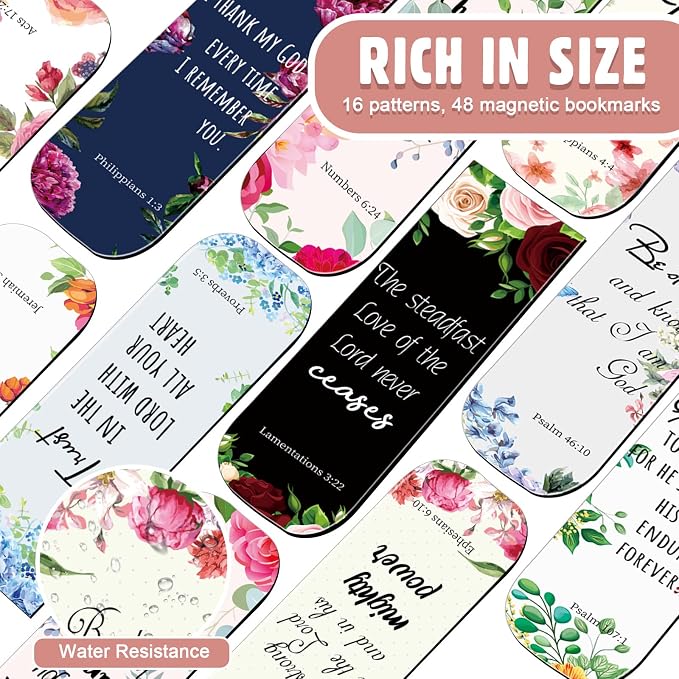 Zonon 48 Pcs Bible Verse Magnetic Christian Bookmarks 0.8x4.7in Inspirational Scripture Book Marker for Mother Women Men Religious Motivational Flower Page Clips Book Lover Reading Gift(Elegant Style)