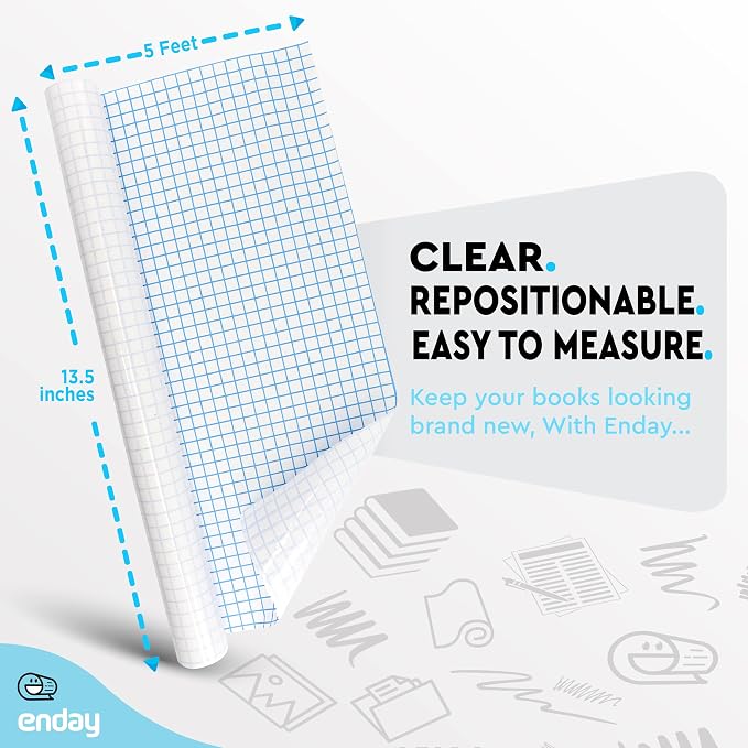 Enday Contact Paper Clear, 13.5” x 5-Feet, Transparent Self Adhesive Book and Textbook Covers for Paperbacks and Hard Covers, Plastic Protective Covering Contact Paper Roll, Acid Free