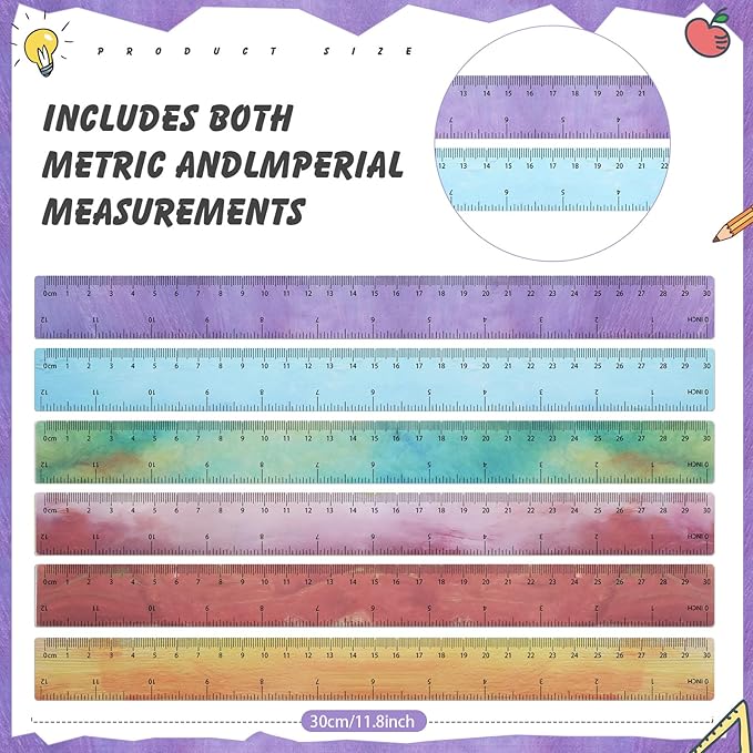 60 Pcs Plastic Clear Rulers 12 Inch, Transparent Assorted Color Ruler Bulk, with Imperial and Metric Scales for Home Office Supplies, Available in 6Colors(Oil Painting Colors)