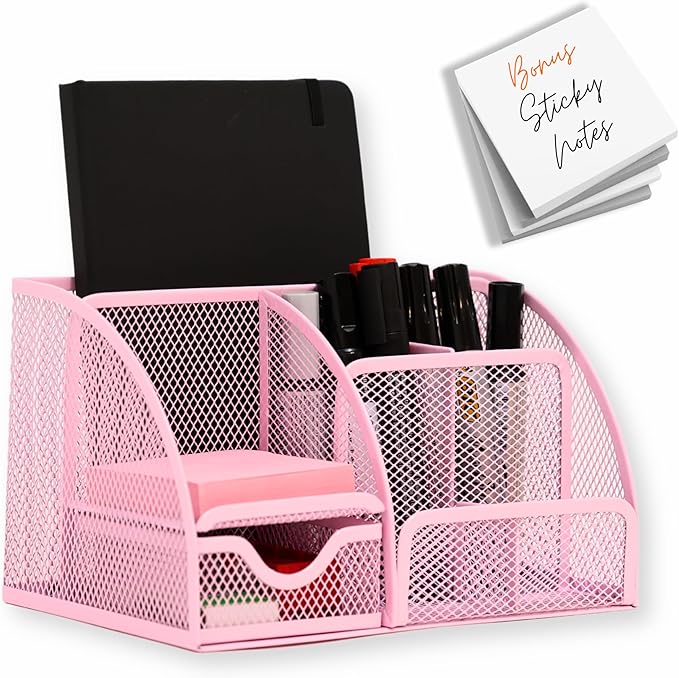 Mesh Desk Organizer - Office Accessories with Sticky Notes, 6 Compartments, Drawer & Pen Holder for Home, School