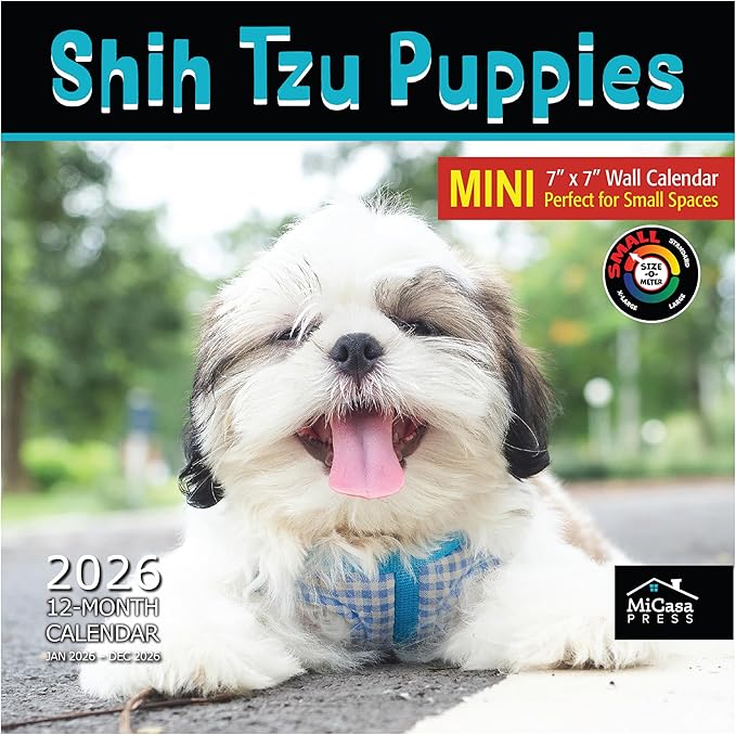 MICASA PRESS Shih Tzu Puppies 2026 Mini Wall Calendar 12 Month | 7" x 14" Open | Thick & Sturdy Paper | Giftable | Cute Puppy Dog Calendar 2026