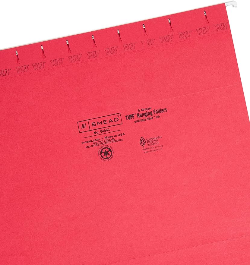 Smead TUFF Hanging File Folder with Easy Slide Tab, 1/3-Cut Sliding Tab, Letter Size, Red, 18 per Box (64043, Rod Color May Vary)