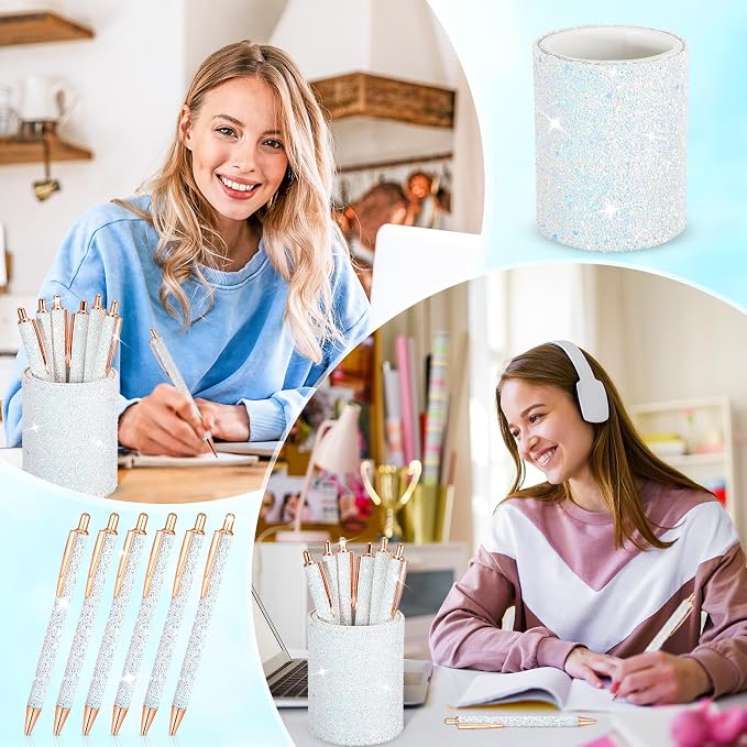 Bling Sequin Pen Holder with 6 Pcs Sequin Click Pens Cute Glitter Retractable Ballpoint Pens, Pencil Cups for Desk Organizer Makeup Brush Holder for Women Girls Classroom Offices(White)
