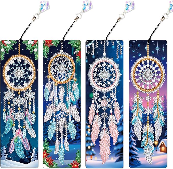 4 Pieces 5D Diamond Painting Bookmarks for Adults, Dreamcatcher Rhinestone Bookmarks with Tassels, DIY Handmade Diamond Art Bookmark Craft Kit, Unique Book Marks Set for Book Lovers