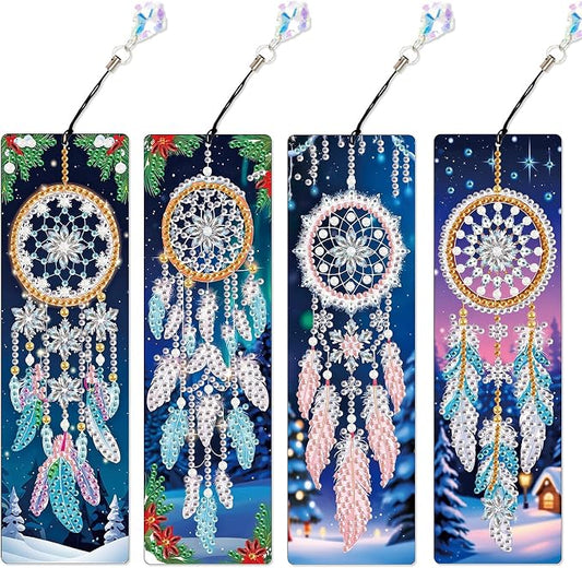 4 Pieces 5D Diamond Painting Bookmarks for Adults, Dreamcatcher Rhinestone Bookmarks with Tassels, DIY Handmade Diamond Art Bookmark Craft Kit, Unique Book Marks Set for Book Lovers