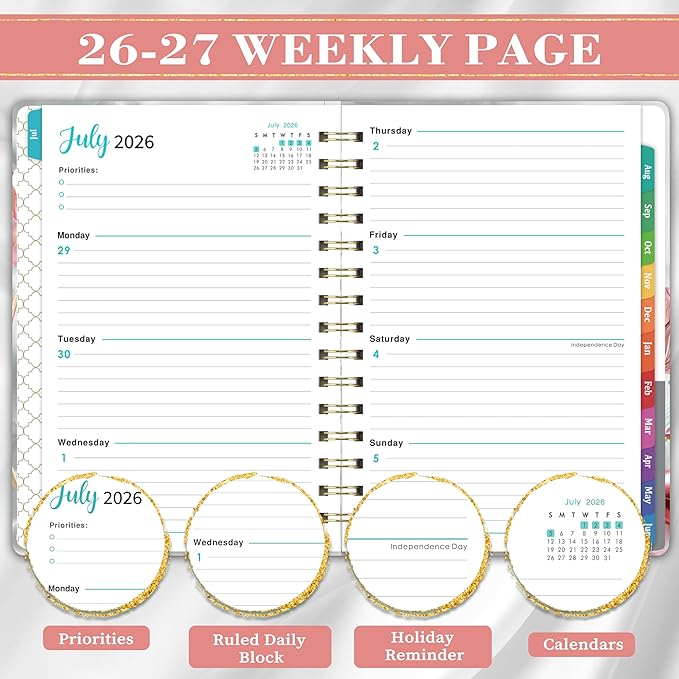 Bushypushy Planner 2026-2027 - Acdemic Planner 2026-2027 with Tabs, Jul. 2026 - Jun. 2027, 26-27 Calendar planner, Weekly and Monthly planner, 6.3" x 8.4", Back Pocket + Thick Paper - Pink Flower
