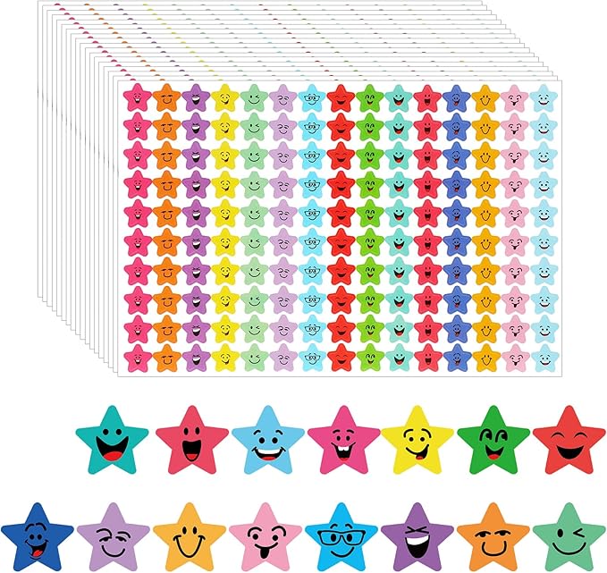 JANYUN Star Stickers, 6750Pcs Happy Smile Face Stickers 15 Designs Students Reward Chart Behavior Labels for DIY Crafts Scrapbooking School Office Supplies
