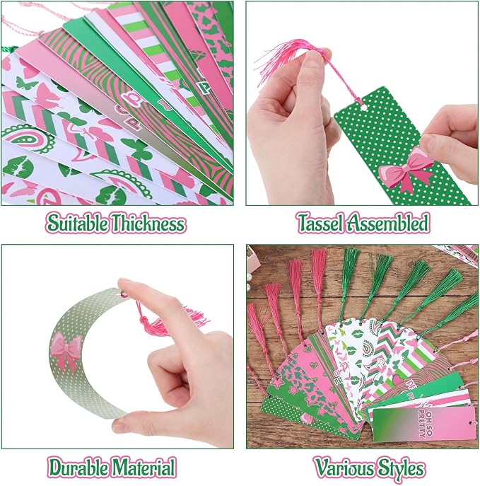 30 Set Pink and Green Sorority Bookmark with Tassels African American Pretty Sister Gifts for Women Sisterhood Party Favors Book Lover Reading Accessories