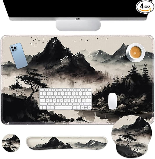 Britimes Black Ink Landscape Keyboard Mouse Pad Set 4in1 Large Mousepad+Keyboard Wrist Rest+Mouse Wrist Rest+Coaster Set with Ergonomic Design for Home Office Computer 35.4x15.7 inches