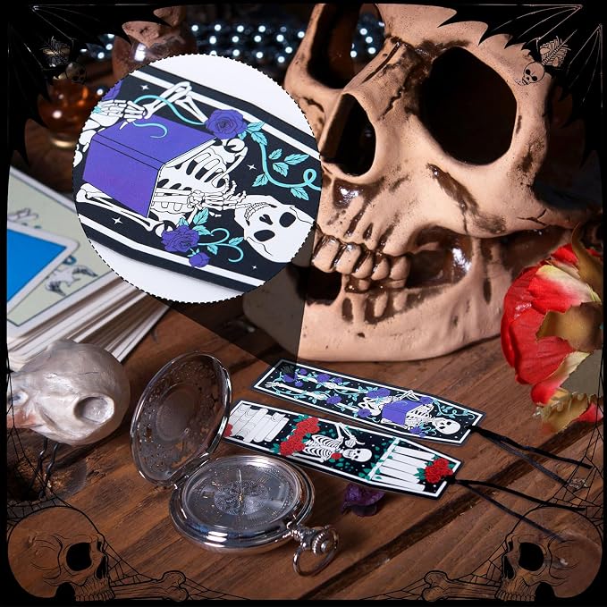TaoBary 100 Pcs Gothic Skeleton Coffin Bookmarks Spooky Skull Book Marker Bulk Double Sided Halloween Horror Book Tracker with Black Ribbon for Bookworm Reading Lovers Gifts Goodie Bag Fillers