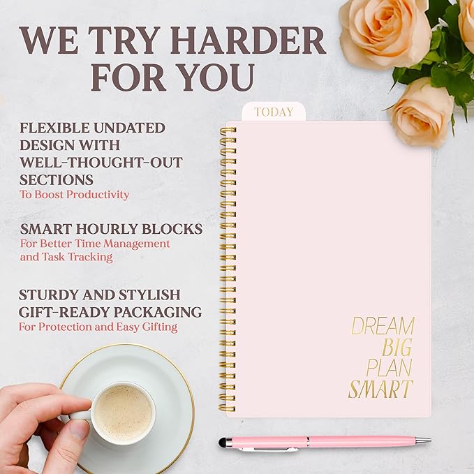 Decorably 168 Pages Undated Daily Notebook for Work with Hourly Schedule - 6.3x9.3in Gold Spring-Bound, with Top Priorities, to-dos, Notes, Ideas & Inspirational Quotes - Home, School, Office