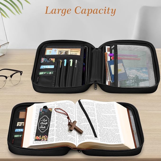 FINPAC Bible Cover, Carrying Book Case Church Bag Bible Protective with Handle and Zippered Pocket, Gift for Mother Lady Women Men, Floral Black
