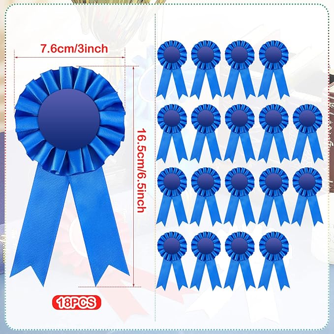 Henoyso 18 Pcs Blank Award Ribbon 1st Place Rosette Prize Award Medals Ribbons Recognition Participation Badges for Competition DIY Party Accessory Science Fair Talent Show(Blue)