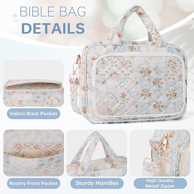 Bible Cover Case for Women Bible Study Supplies Christian Gifts for Women Church Camp Essentials Christian Bible Journaling Kit Quilted Large Bible Cover with Durable Handle (Spliced Flower, Large)
