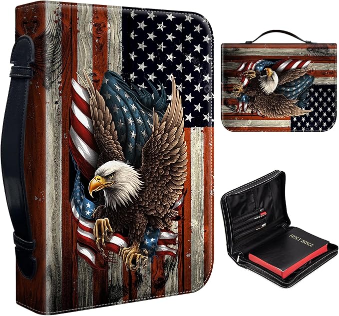 Bible Cover Carrying Case for Men Women- Fit Book Up to 9.8 x 6.7×1.7 in | American Flag Bald Eagle Leather Bible Covers Bible Holder Carrier Church Bags w/Handle zipper Pocket