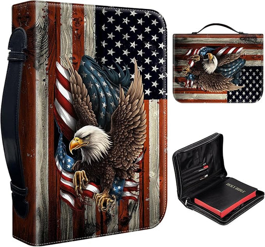 Bible Cover Carrying Case for Men Women- Fit Book Up to 9.8 x 6.7×1.7 in | American Flag Bald Eagle Leather Bible Covers Bible Holder Carrier Church Bags w/Handle zipper Pocket