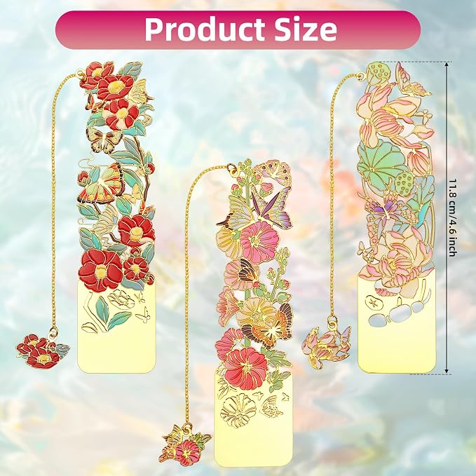 3 PCS Metal Bookmarks - Beautiful Flower Bookmarks for Women - Lotus, Hollyhock, Camellia (BKM-050-002)
