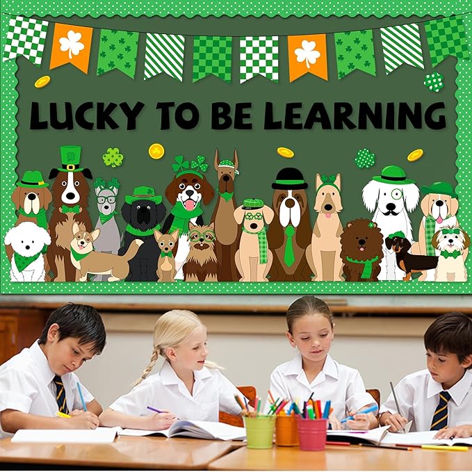 St. Patrick's Day Bulletin Board Set Pet Dog Learning Classroom Decoration Lucky Shamrock Gold Coin Paper Cutouts for St. Patrick's School Chalkboard Wall Decor Party Supplies