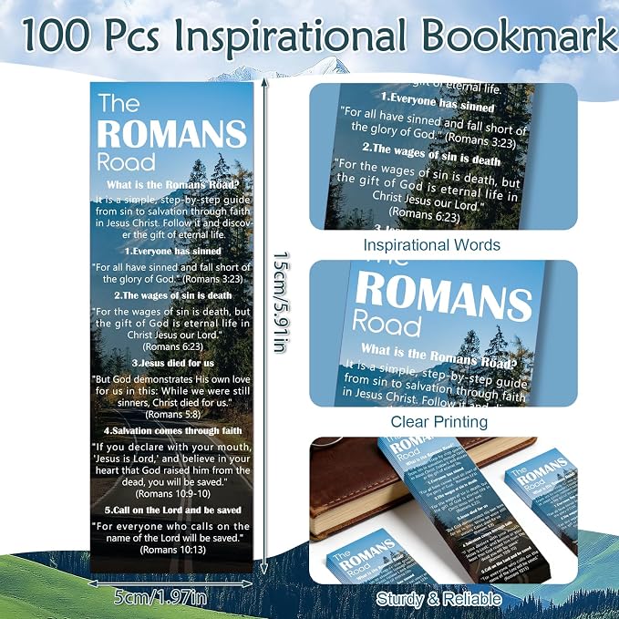 The Romans Road to Salvation Bookmarks - Cosmisun 100 Pcs Bible Religious Bookmark Gifts Scripture Page Markers Clips Book Mark Christian Prayer Gospel Tracks for Evangelism Church Office Supplies