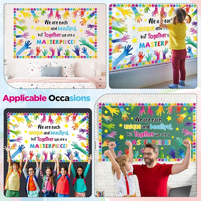 We are Each Unique Bulletin Board Set Summer Colorful Handprint Themed Classroom Decoration Back to School Bulletin Board Motivational Handprint Cutouts for Kindergarten School Chalkboard Wall Decor