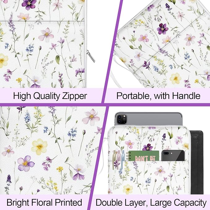 White Floral Bible Book Sleeve with Zipper,12"x 9" Padded Protector Washable Book Covers,Books Pouch with Handle Pockets,Travel Book Carrying Case for Books Lover Hardcover,Mother's Day Christmas Gift