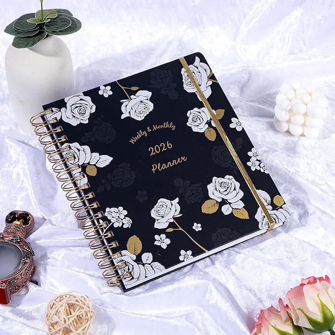 CAGIE 2026 Planner Weekly and Monthly Dec 2025–Dec 2026 Hardcover Planner with Pockets, 13 Month Large Black Flowers Calendar Planner with Stickers Tabs, Spiral Bound Yearly Calendar Planner for Women, 8.3" x 9.3"