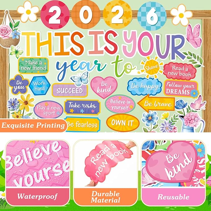 Eaasty Spring This is Your Year to Bulletin Board Set Flower Butterfly Cutouts Motivational Welcome Back to School Classroom Decor for School Office Chalkboard Door Wall Decor Supply