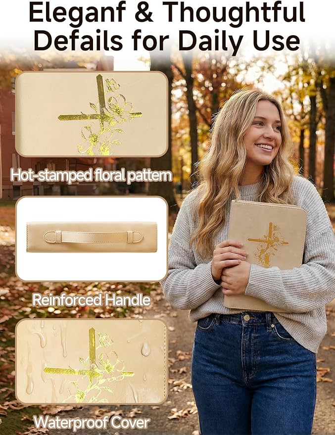 Bible Cover Case for Women, Large Bible Bag with PU Leather Hot Foil Stamping Cross Design, Journaling Kit, Bible Study Supplies Accessories, Christian Gifts for Girls & Women (Beige)