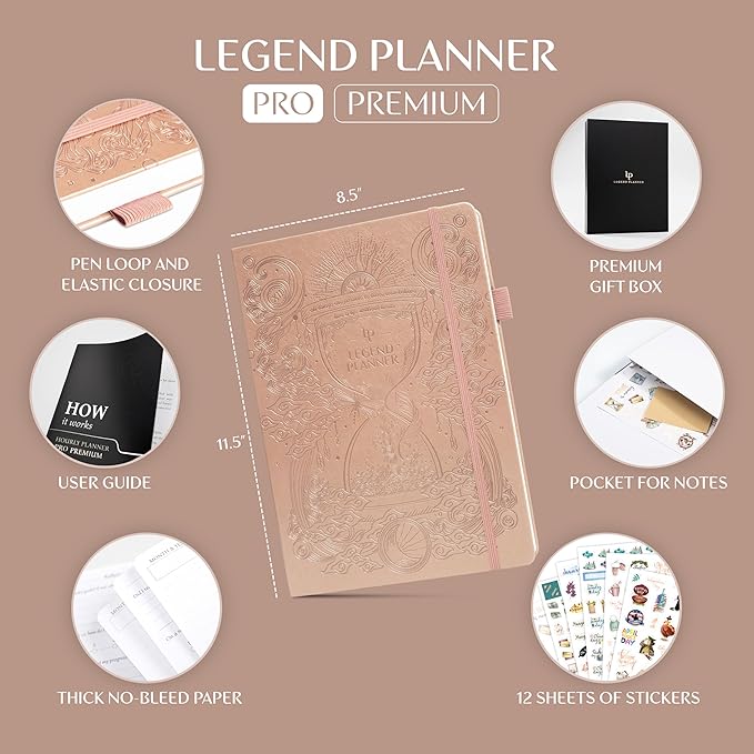 Legend Hourly Planner PRO Premium – Undated Schedule Planner with Time Slots – Weekly, Monthly & Daily Personal Organizer, A4 (Rose Gold)