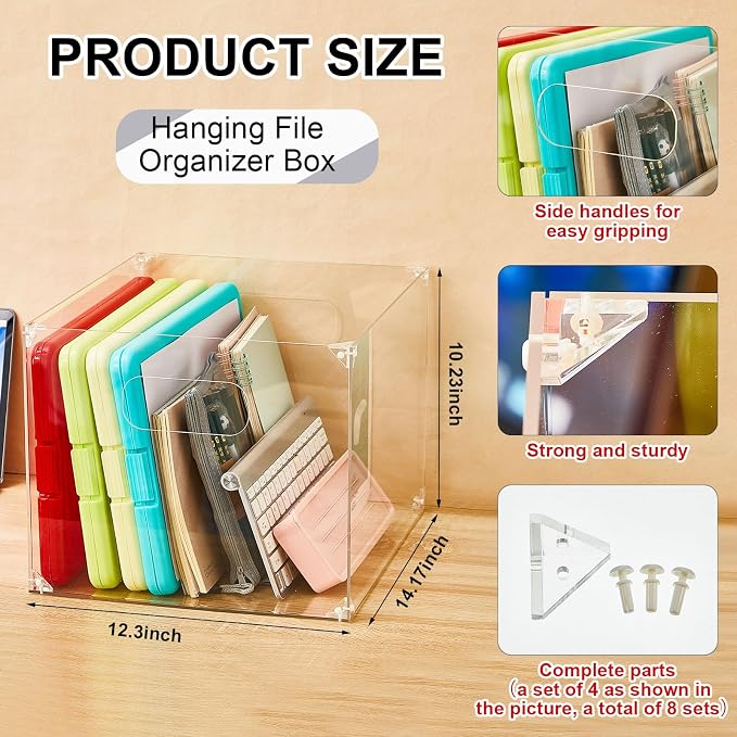 Weysat 2 Pack Large Clear Acrylic File Holders with Handles, Portable Desktop Letter/a4 Folder Organizer, Office & Home Hanging File Storage Box
