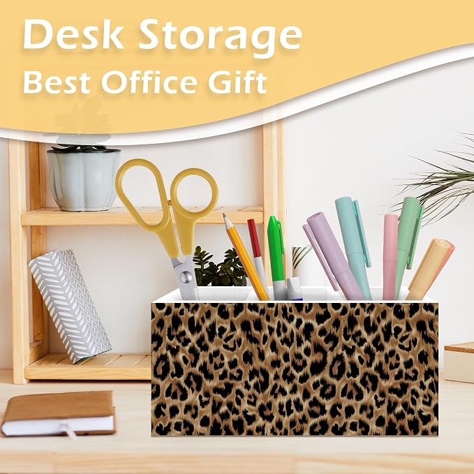 Leopard Print Pen Pencil Holder, Cheetah Print Gifts for Women, Leopard Desk Accessories, Cheetah Wooden Pen Pencil Organizer for Girls Bedroom Dorm Desk Decor
