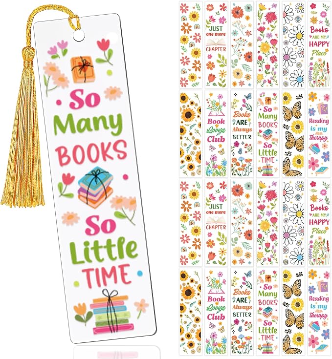 UV DTF Bookmark Wraps - 24 Sheets Flower Acrylic Bookmark Blanks Sticker, Sunflower UV DTF Transfer Stickers, Butterfly Daisy Design for Book Lover DIY Projects