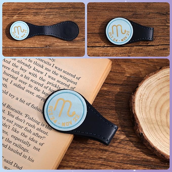 3 PCS Leather Magnetic Bookmark Clips, Zodiac PU Leather Bookmarks for Book Lovers, Full Set of Book Clip Accessories, Water Sign