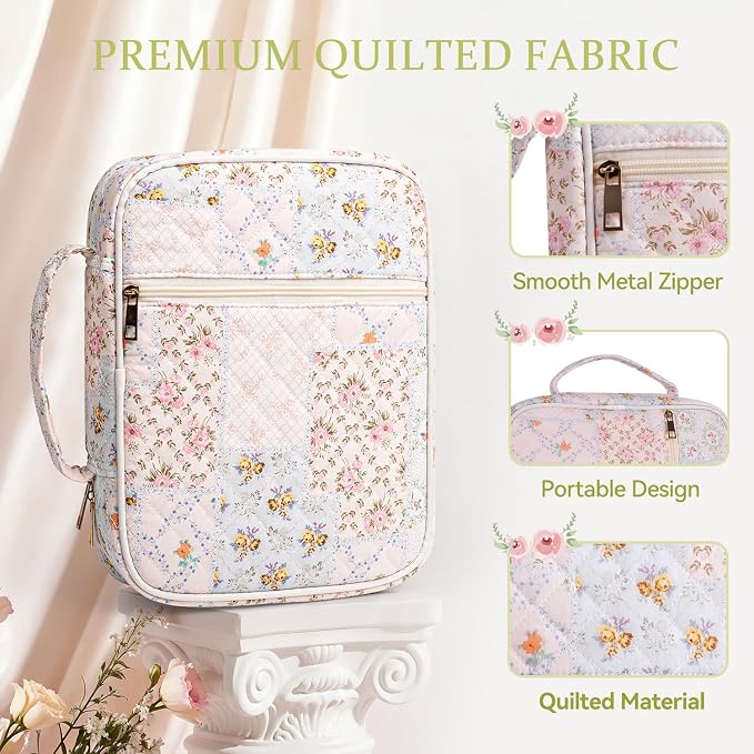 Bible Cover Case for Women Large Quilted Bible Carrying Bag with Handles Bible Study Supplies & Accessories Christian Gifts for Women(Spliced Flower, M)