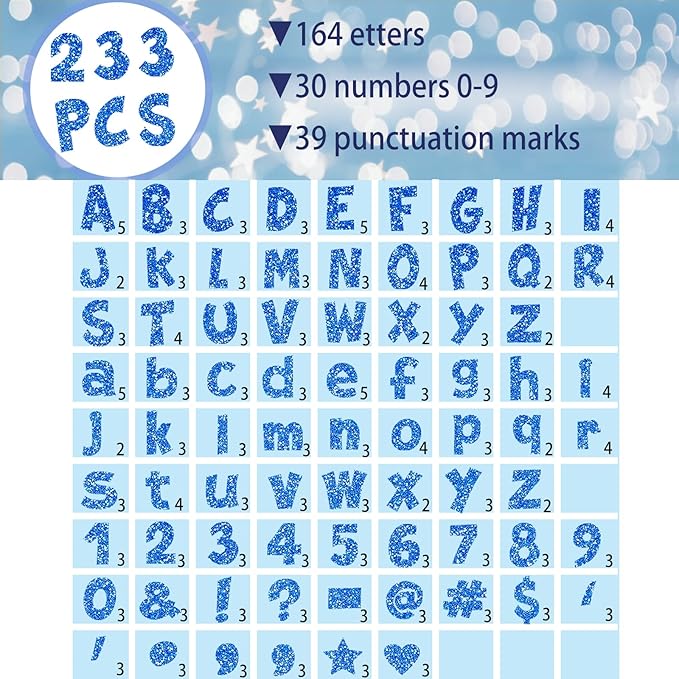 Glitter Bulletin Board Letters for Classroom Numbers Alphabet Poster Board Letters with Adhesive Dots Punctuation Symbols Cutout Bulletin Display School (Blue)
