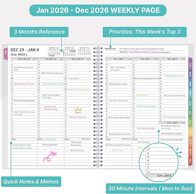 2026 Appointment Book, 30 Minutes-Hourly, Weekly ＆ Monthly Calendar Planner 2026, Jan 2026 - Dec 2026, 8.5'' x 11'', 2026 Daily Planner with Tabs ＆Pocket, Flexible Cover, Great for Office, Home, School