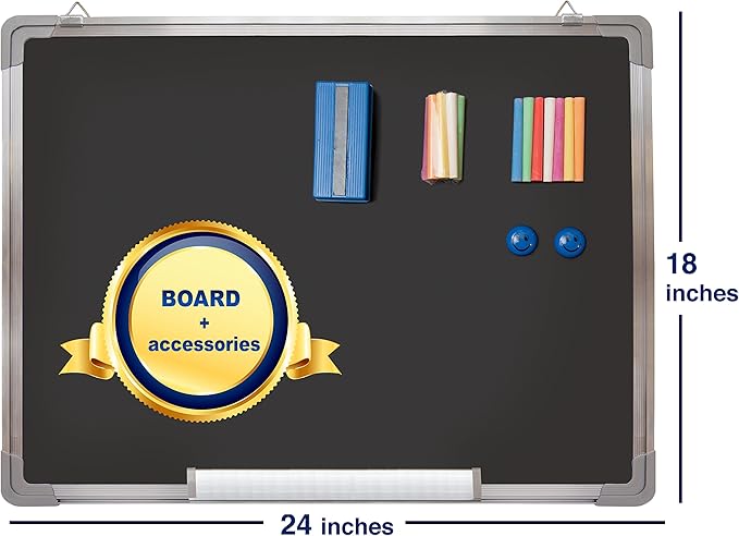 Chalkboard Set - Framed Black Board 24 x 18 inch with 1 Magnetic Eraser, 14 Chalk Sticks (7 Colors) and 2 Magnets - Wall Hanging Blackboard with Frame for Home, Kitchen and Office (24x18)