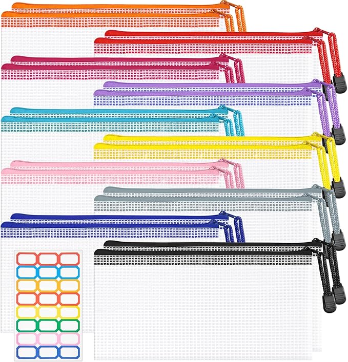 9.4x4.9 Inches Mesh Zipper Pouch with Sticker, 20 Pack Puzzle Storage Bags in 10 Colors, Organization Baggies for Travel, Office Appliances, Classroom Supplies and Home Classification