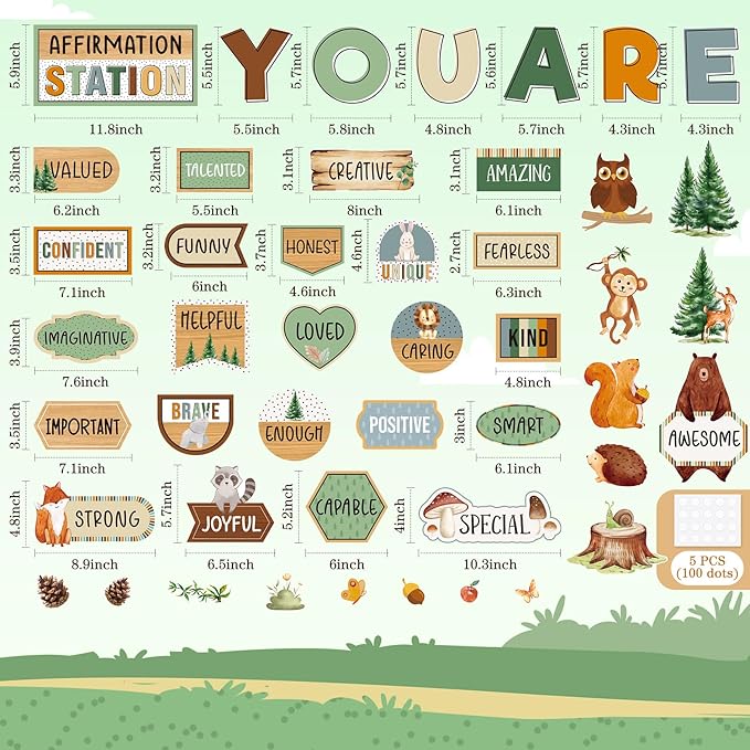 45pcs Woodland Bulletin Board Set Motivational Posters Classroom Mirror Growth Mindset Decor Positive Affirmations Accents Cutouts for School Office Home Teacher Wall