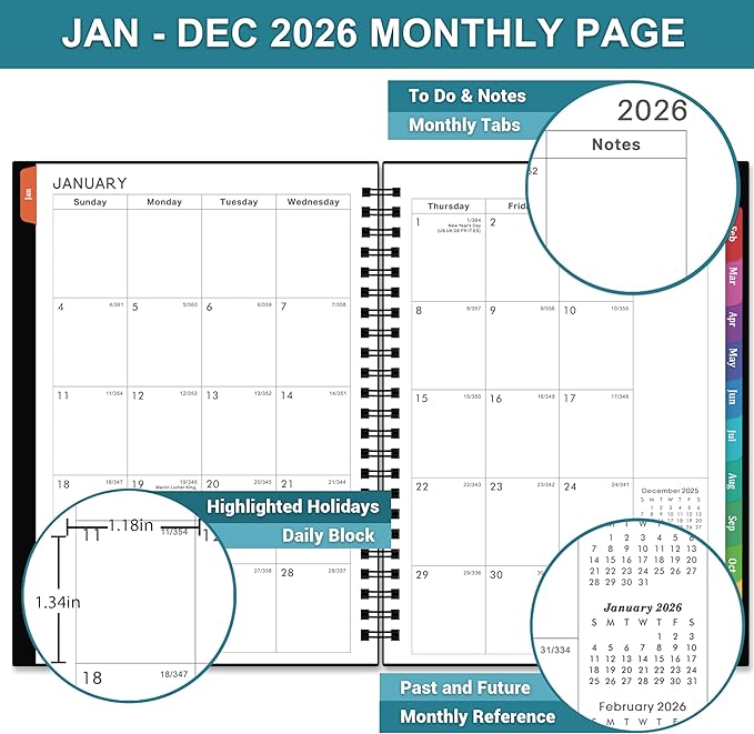 2026 Planner - Planner 2026 Weekly and Monthly, Jan 2026 - Dec 2026, 2026 Planner 6.3” × 8.4”, Notes, Thick Paper, Back Pocket, Twin-wire Binding
