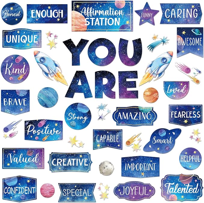 45pcs Space Affirmation Station Bulletin Board Set Motivational Posters Classroom Mirror Growth Mindset Decor Positive Affirmations Accents Cutouts for School Office Home Teacher Wall Supply