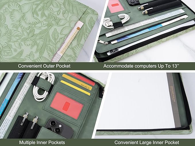 AZXCG Leather Portfolio with Zipper, Embossed PU Leather Padfolio Folio, Professional Business Document Organizer with A4 Letter Sized Writing Pad Holder(Green, Custom)
