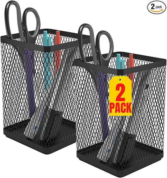 1InTheOffice Pencil Cups for Desk, Jumbo Pencil Holder, Stackable Wire Mesh Jumbo Pencil Holder, Matte Black 2 pack